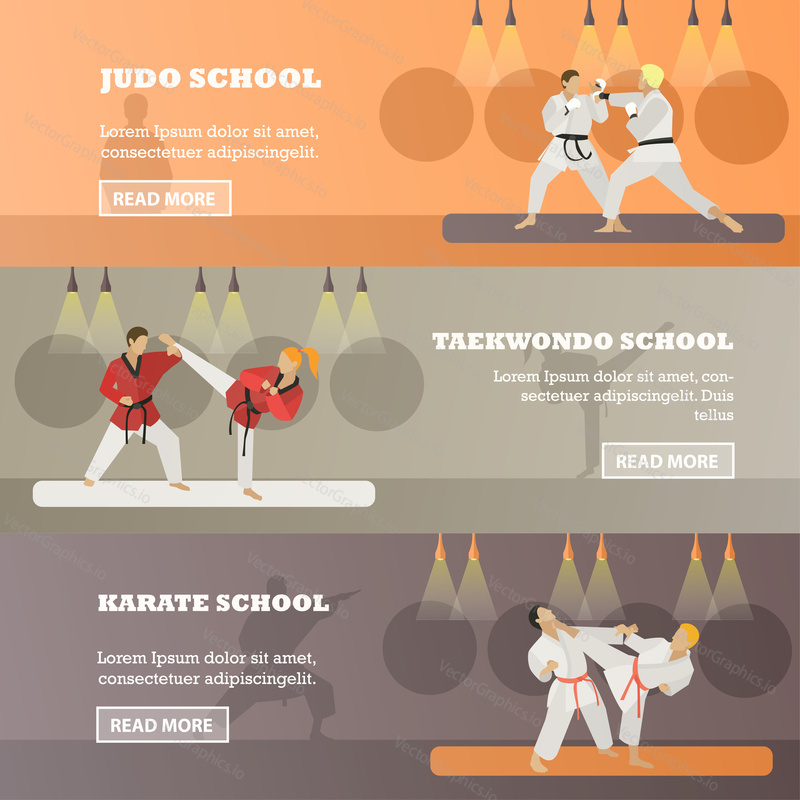 Vector set of horizontal martial arts concept banners. Judo, Taekwondo, karate schools design elements in flat style. Martial arts fighters, place for text.