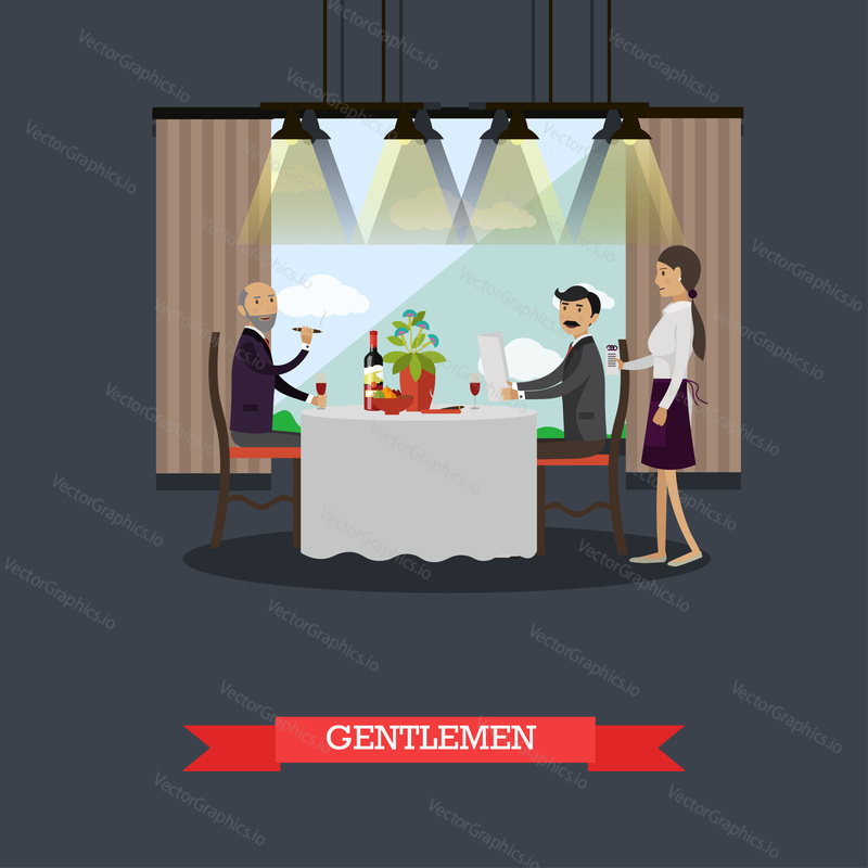 Vector illustration of two men having dinner at restaurant. Gentlemen in restaurant concept design element in flat style.