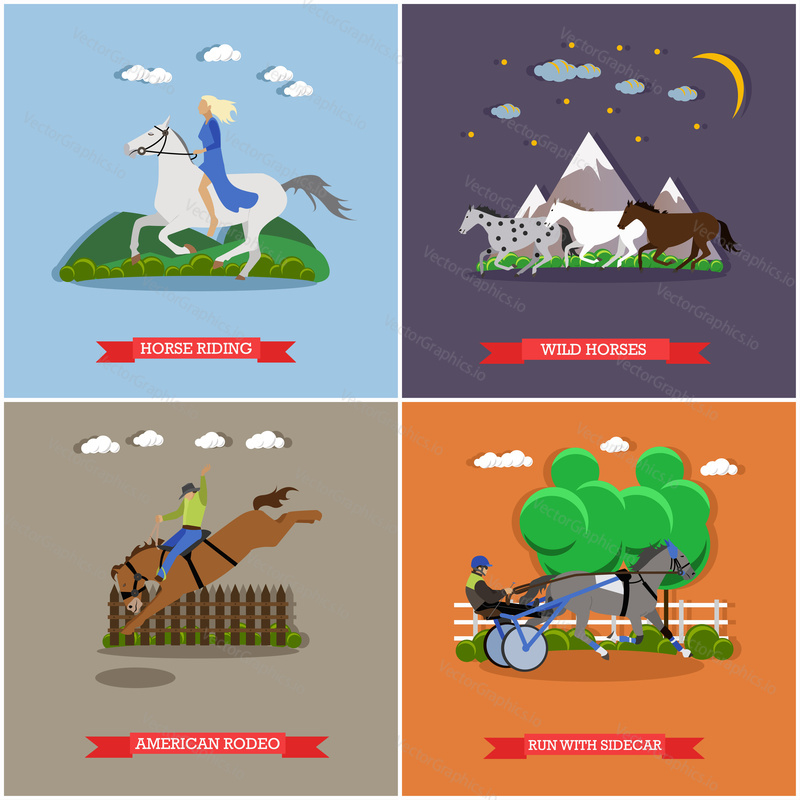 Vector set of wild and domestic horses. Wild horses gallop through the mountains, harness horse racing, free horse riding and american rodeo. Flat design