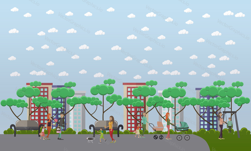 Vector illustration of parents with their kids walking in the park, in the playground. Family concept design element in flat style.