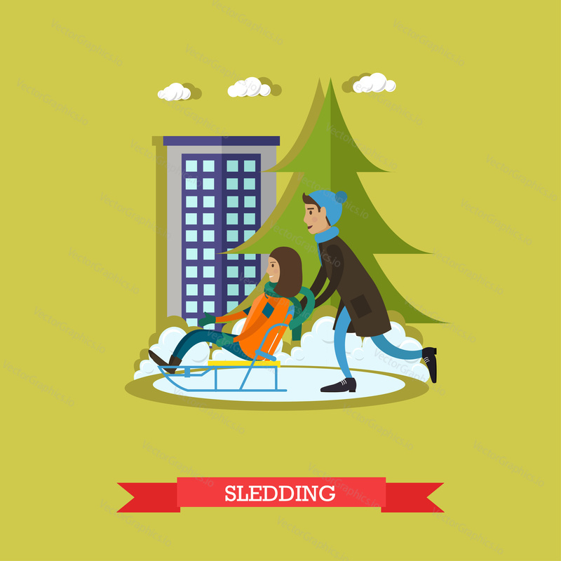 Vector illustration of boy and girl sledding. Cartoon characters. Winter people activities concept design element in flat style.