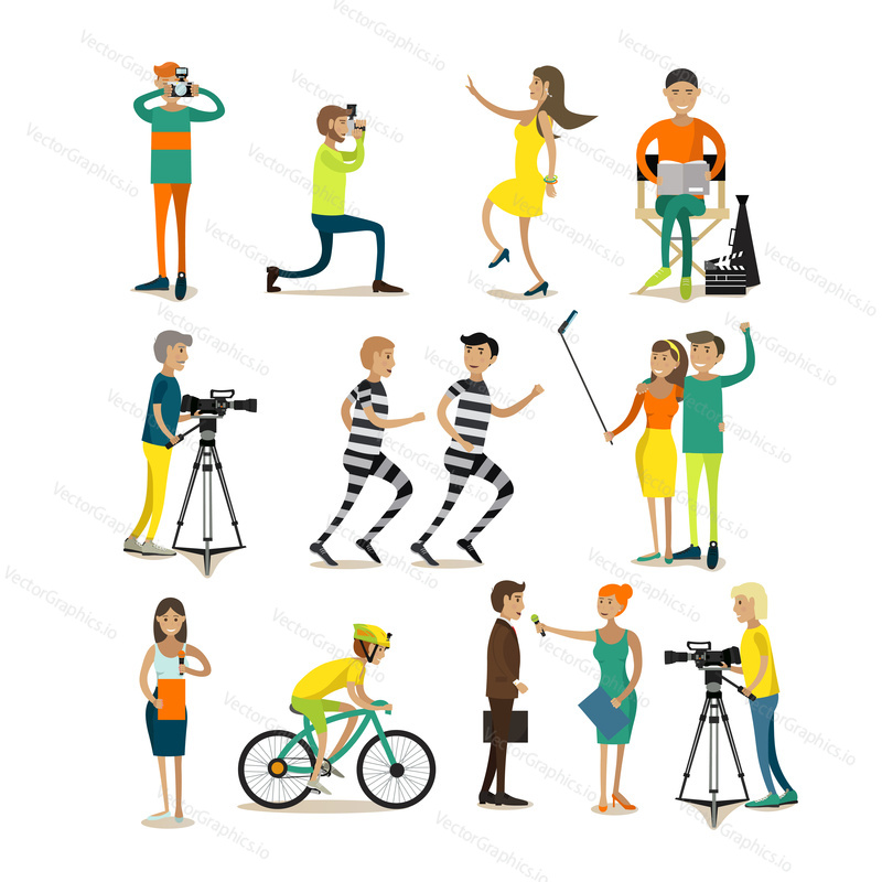 Vector set of photographers, videographers, journalists shooting and interviewing people, making reports for mass media. Couple taking selfie. Photo, video concept design elements, icons in flat style
