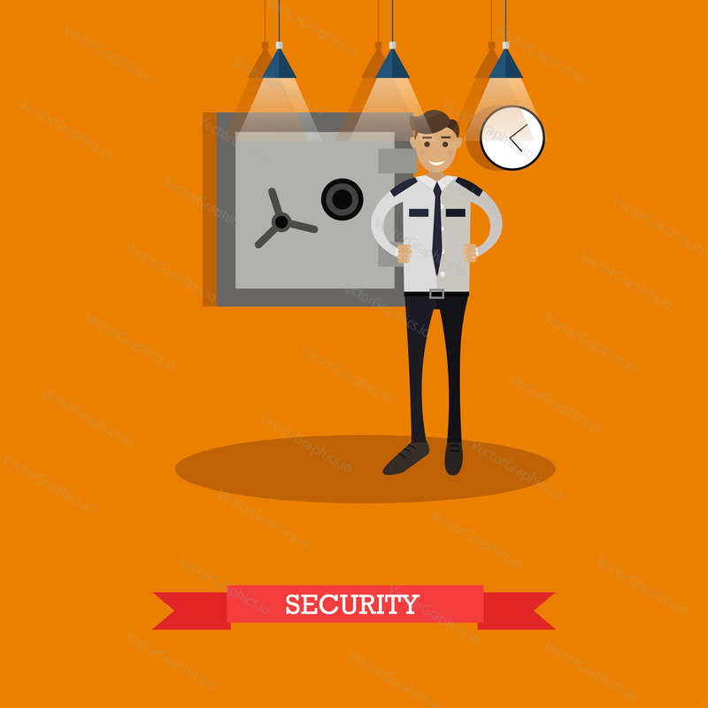 Vector illustration of security guard standing near bank safe. Bank security service concept design element in flat style