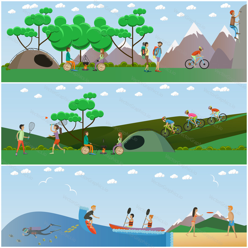 Vector set of summer outdoor activities concept posters, banners. Camping, climbing up the rock, surfing, diving, kayaking, playing frisbee and badminton, riding bicycle. Flat style design.