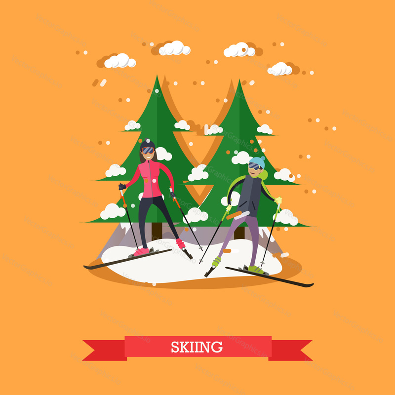 Vector illustration of boy and girl skiing. Skiers, cartoon characters. Winter sports and recreation concept design element in flat style.