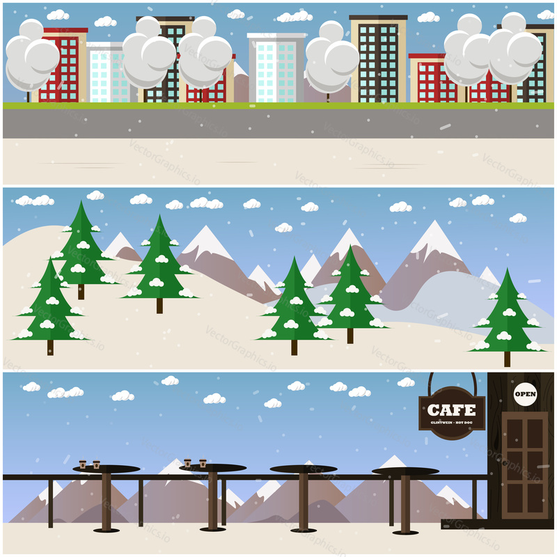 Vector set of winter cityscape with skating rink, mountain landscape and cafe on mountain backgrounds. Winter nature and places for winter sports and recreation concept design elements in flat style