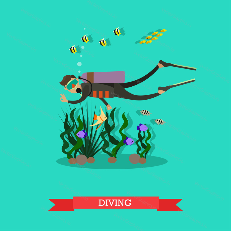 Vector illustration of diver swimming underwater and showing OK hand sign. Scuba diving, beach activity, extreme water sports concept design element in flat style.