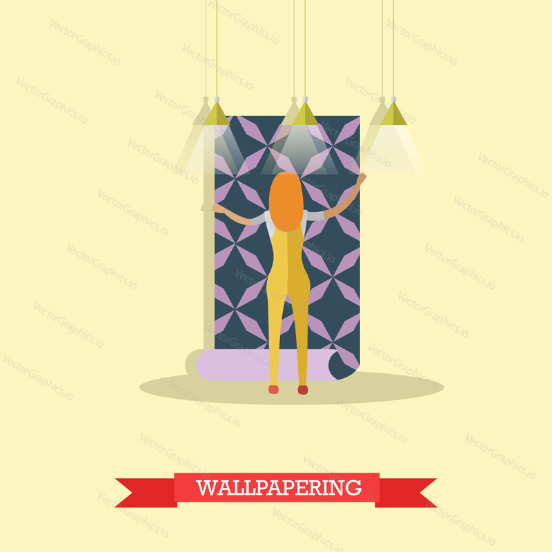 Vector illustration of woman papering wall. Repairing a house, wallpapering concept vector illustration in flat style.