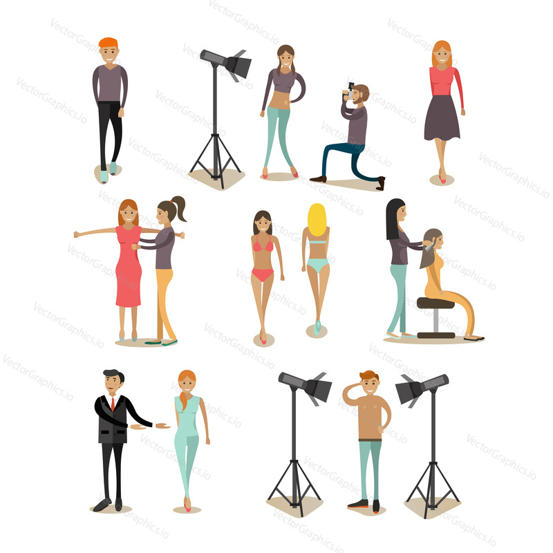 Vector icons set of fashion model profession people isolated on white background. Top models female and male, photographers, hairdresser flat style design elements.