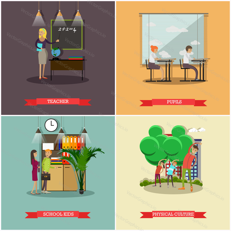 Vector set of school concept posters. Teacher, pupils, school kids and physical culture design elements in flat style.