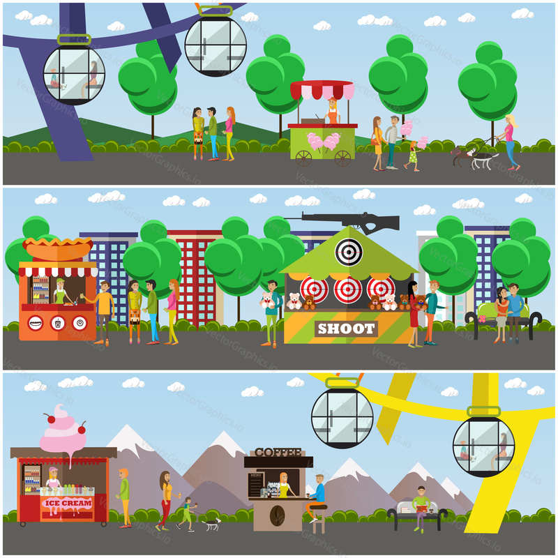 Vector set of amusement park concept posters, banners. Amusement park area with ferris wheel, shooting range attractions, food stalls, trolley and people having rest design elements in flat style.
