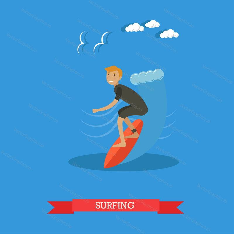 Vector illustration of surfer in wetsuit standing on surfboard and riding on ocean wave. Beach water extreme sports concept design element in flat style.