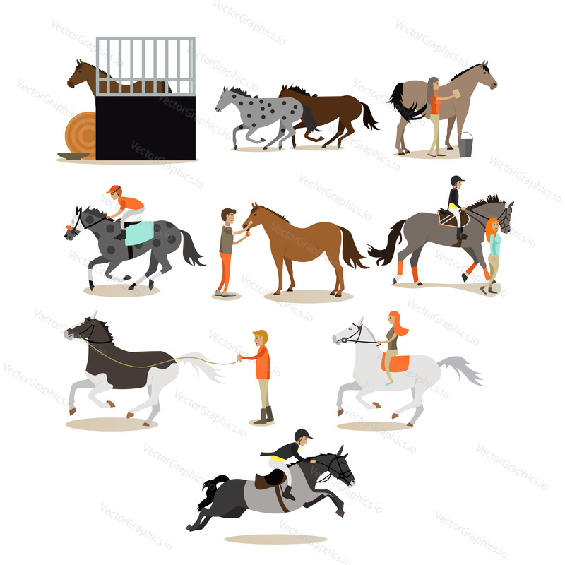 Vector set of horse riding people icons isolated on white background. Equestrian sport, riding and grooming horses, stable concept design elements in flat style.