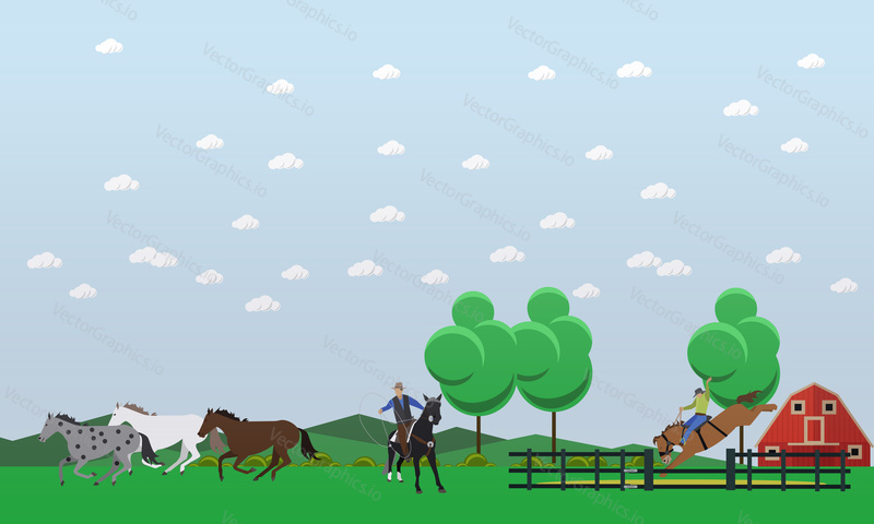 Banner of taming and dressage horses. Wild horses running around, american rodeo and cowboy with lasso. Vector illustration in flat design.