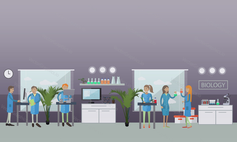 Biology concept vector illustration in flat style. Biological laboratory interior. Biologists carrying out research using laboratory glassware and equipment.