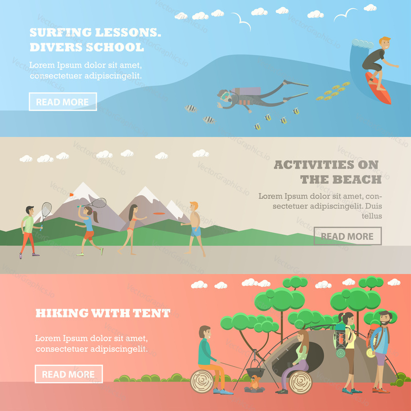Vector set of water sports, summer outdoor activity concept horizontal banners. Surfing lessons, divers school, Activities on the beach, Hiking with tent design elements in flat style.