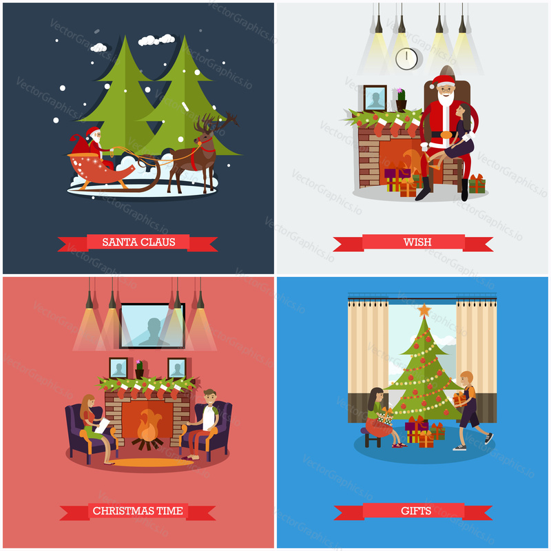 Vector set of Christmas and New Years Eve celebration concept posters, banners. Santa Claus, Wish, Gift, Christmas time design elements in flat style.