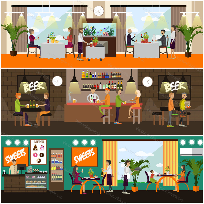 Vector set of pub, brasserie and restaurant concept posters, banners. Waiters, people drinking beer, having dinner, lunch or supper, flat style design elements.
