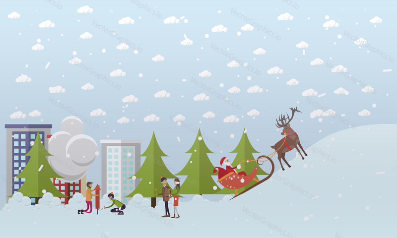 Vector illustration of Santa Claus riding sleigh. People walking in the street, making fireworks. Urban scene, cartoon characters. Merry Christmas and Happy New Year design element in flat style.