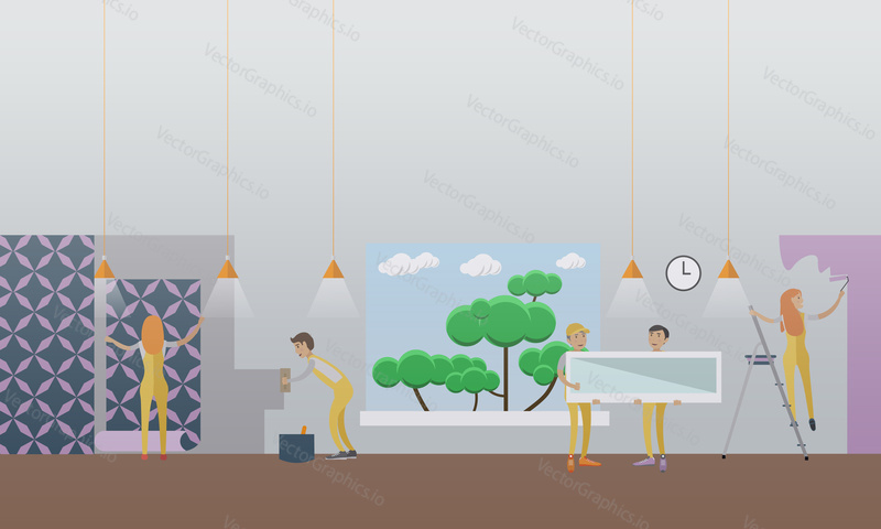 Vector illustration of workers puttying, painting, papering wall, installing window. Building and repairing a house concept vector illustration in flat style.