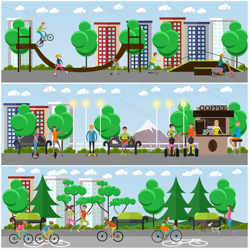 Vector means of transport concept posters, banners set. Young people riding modern street vehicles, bicycles and performing stunts in the park, flat style design elements.