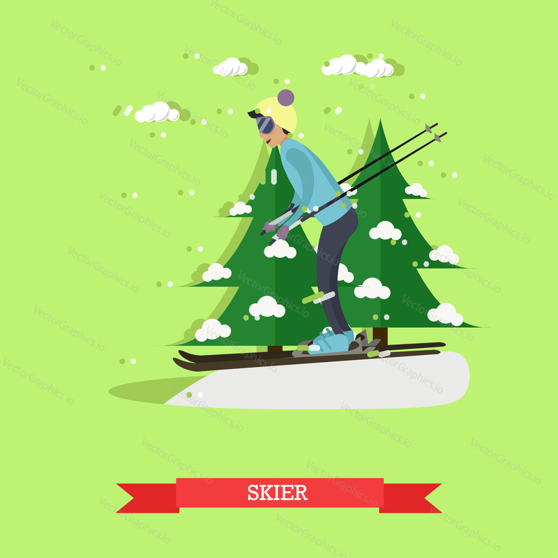 Vector illustration of boy skiing. Skier, cartoon character. Winter sports and recreation concept design element in flat style.
