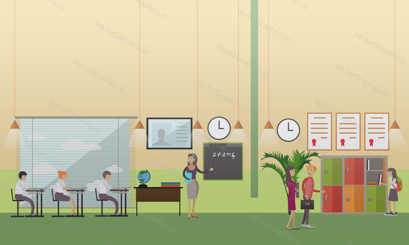 Vector illustration of mathematics teacher with school kids at the lesson. Locker. School office, education concept design element in flat style.