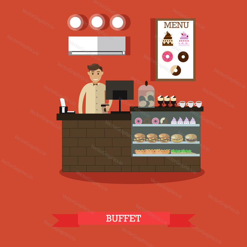 Buffet concept vector illustration in flat style. Barista, salesman standing at bar counter.