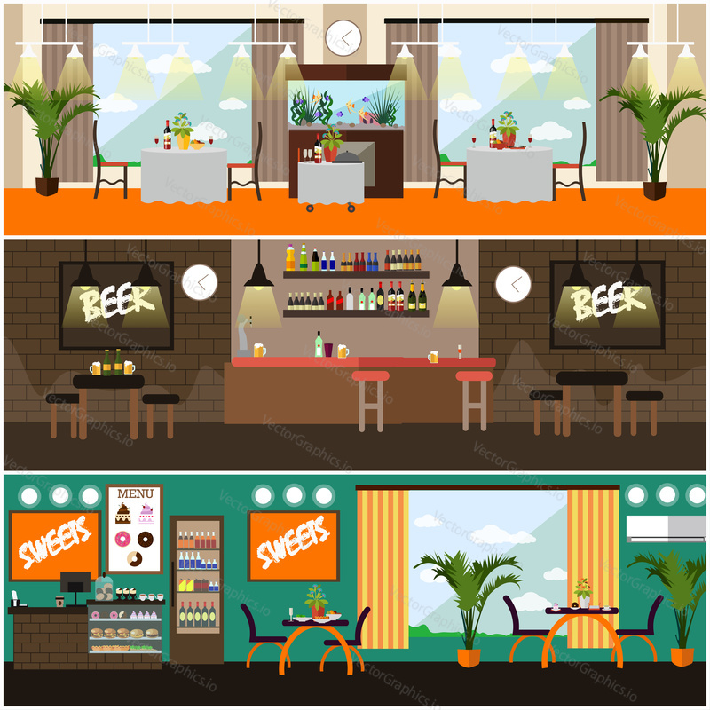 Vector set of pub, brasserie and restaurant interior concept posters, banners. Flat style design elements.