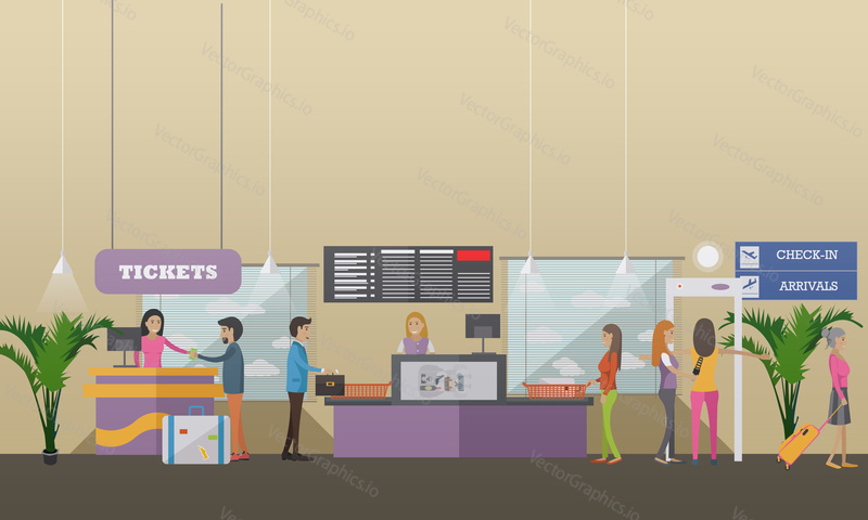 Vector illustration of passengers going through check-in counters at the airport. Ticket counter, baggage check-in, metal detector. Airport terminal concept design element in flat style.