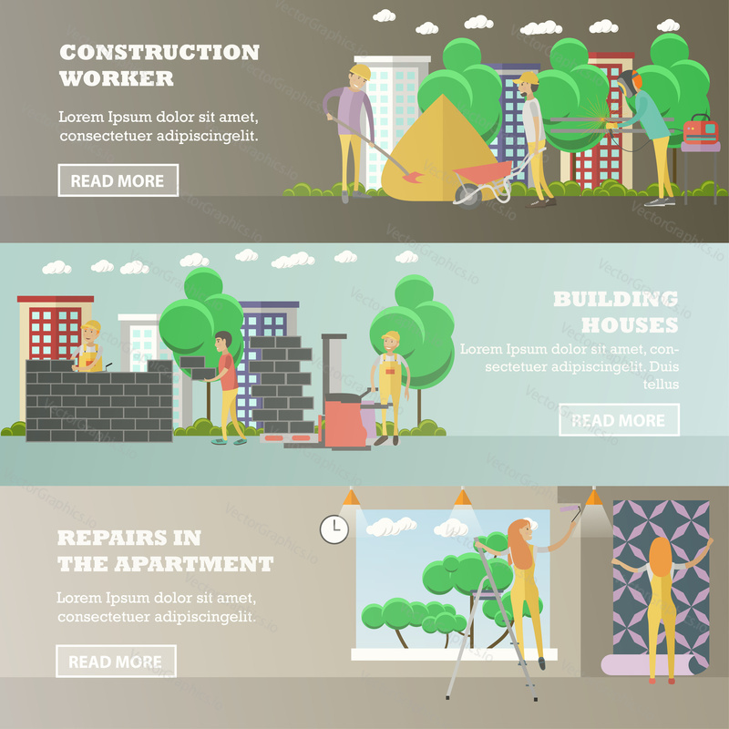 Vector set of residential construction concept horizontal banners. Construction worker, building houses, repairs in the apartment design elements in flat style.