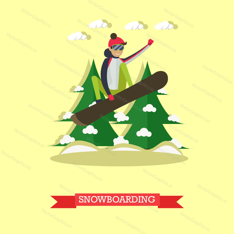 Vector illustration of snowboarder jumping. Cartoon character. Winter sports and recreation concept design element in flat style.