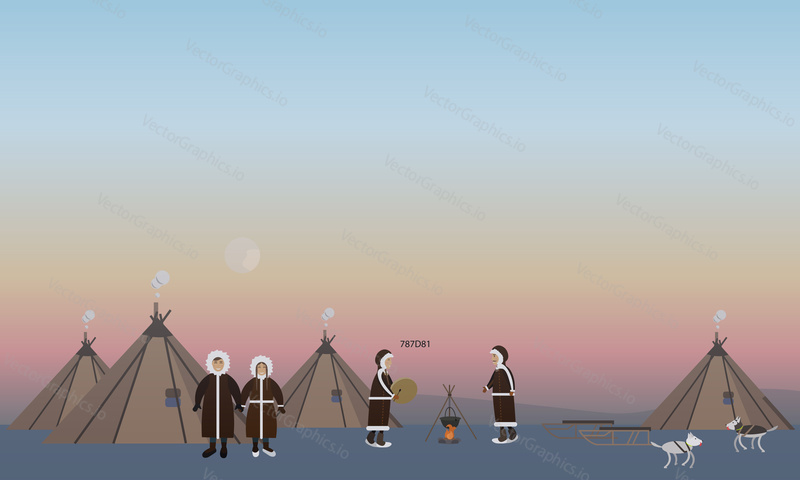 Vector illustration of northern arctic people and their houses in flat style. Eskimo characters cooking on the open fire, playing drum and dancing.
