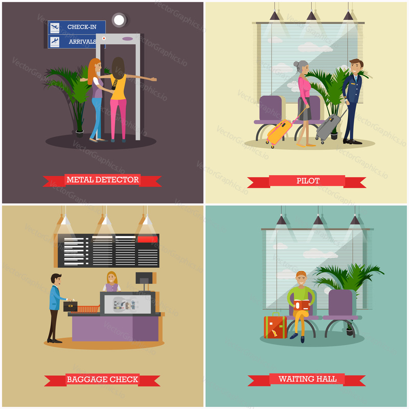 Vector set of airport concept posters, banners. Metal detector, Pilot, Baggage check and Waiting hall design elements in flat style.