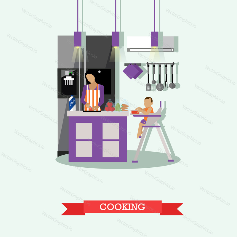 Mother cooking and babysitting her kid. Kitchen interior vector illustration in flat style.