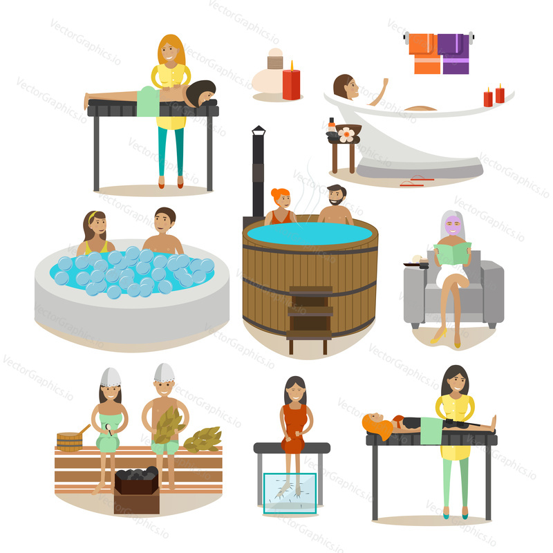 Vector set of Spa salon people enjoying various body treatment, steam baths and massages isolated on white background. Flat style design elements, icons.