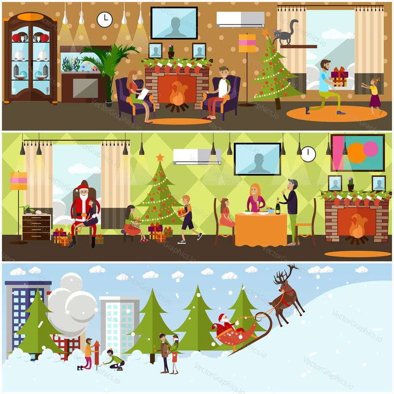 Vector set of banners with New Years Eve celebration, holiday home interior, winter cityscape design elements. Cartoon characters. Christmas time, New Year, family traditions concept in flat style.