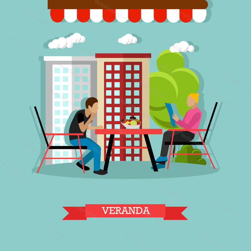 Street cafe concept vector illustration in flat style. Man and woman sitting at the table on veranda. Woman is reading menu.