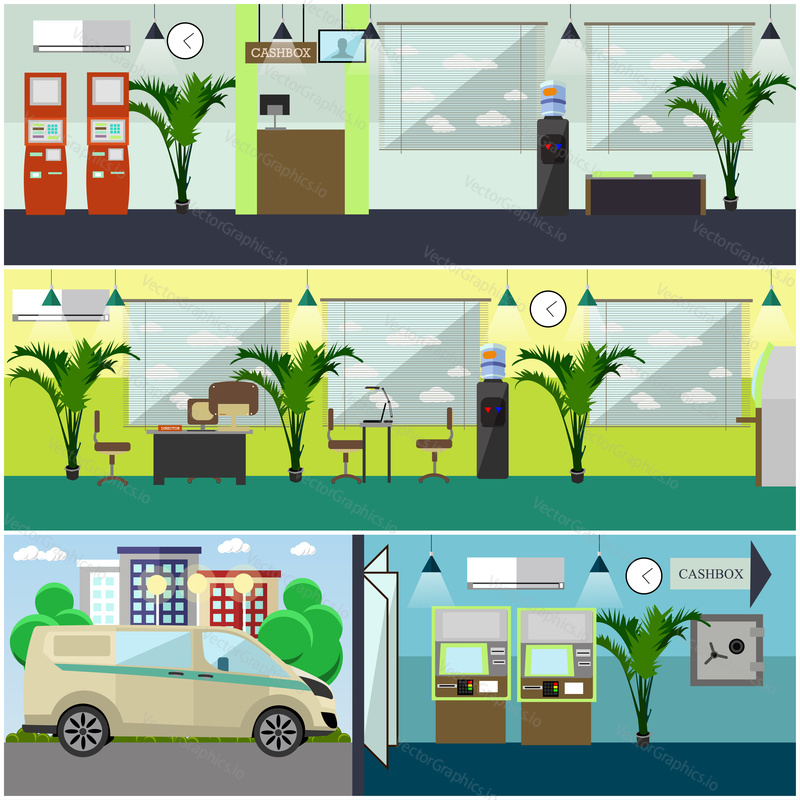 Vector set of bank interior concept design elements in flat style. Cashbox, waiting hall, bank employees workplaces, safe, self-service terminal, ATM, bank armored car.