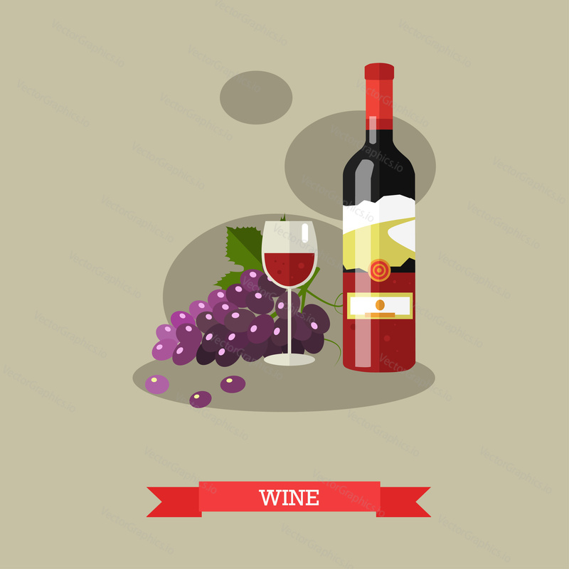 Vector illustration of red wine bottle and glass full of wine with grapevine. Alcoholic beverage, popular drink. Flat design