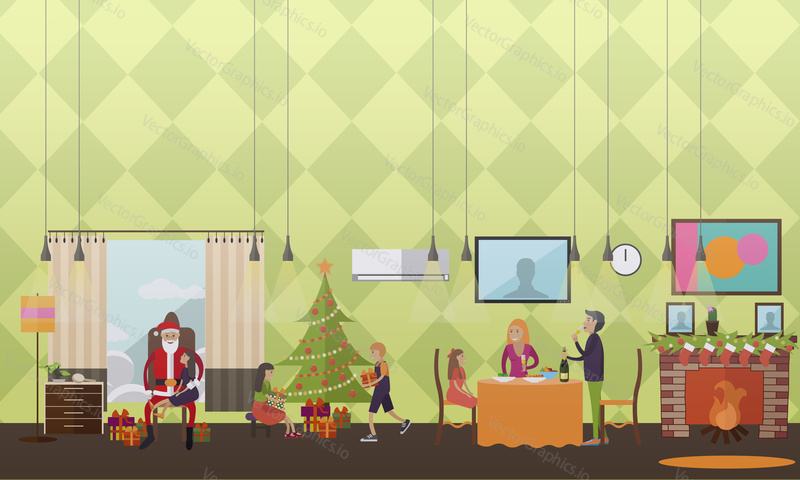 Vector illustration of people making wishes, children with gifts and Santa Claus fulfilling their wishes. Christmas time of miracles concept design element in flat style.