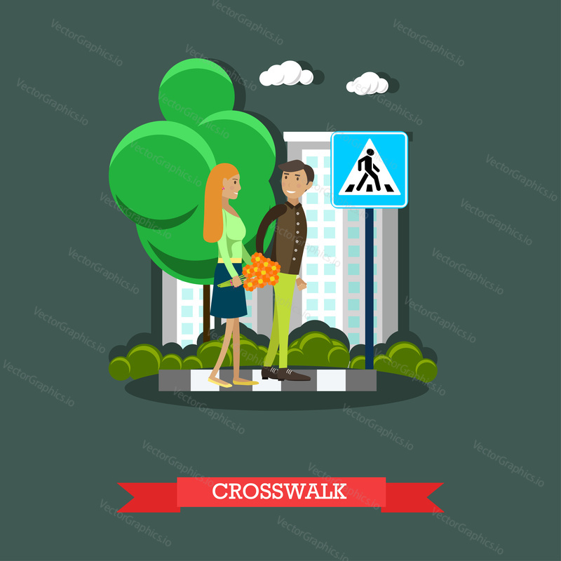 Street traffic, crosswalk concept vector illustration in flat style. People couple crossing street, road sign, pedestrian crossing.