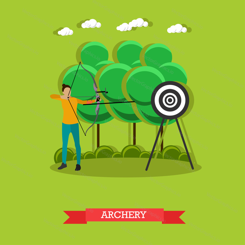 Sport shooting banner. Archery competition games vector illustration. People in shooting positions.
