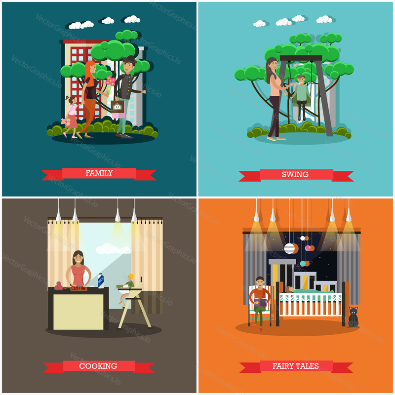 Vector set of family concept posters in flat style. Family, Swing, Cooking and Fairy tales design elements, cartoon characters.