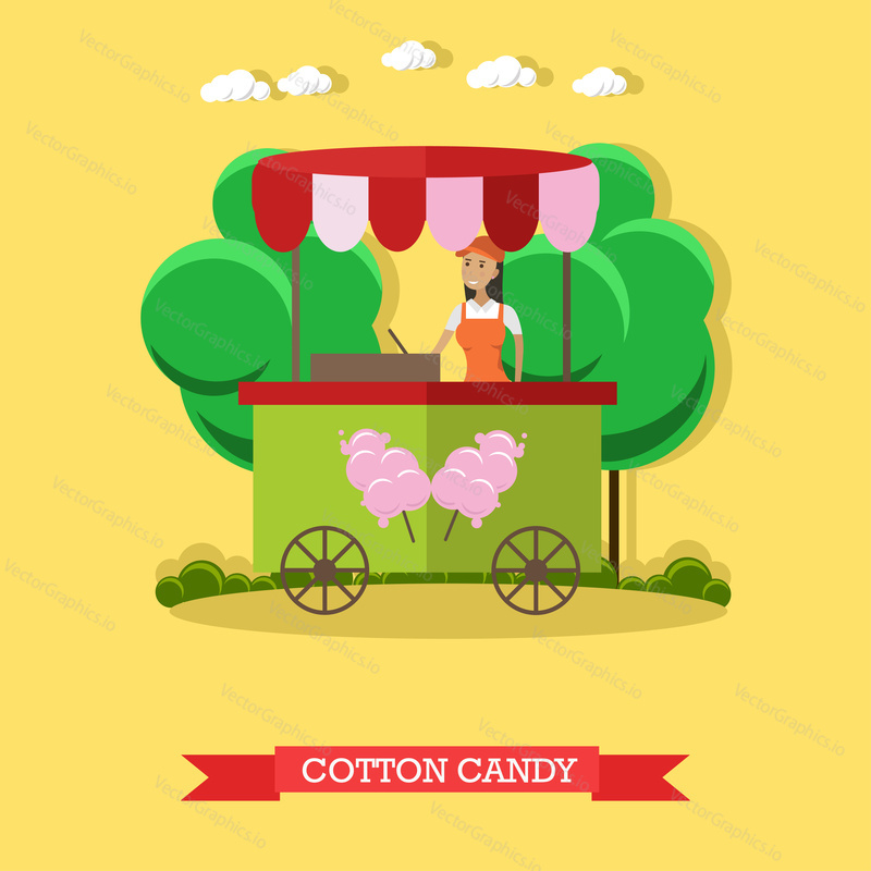 Vector illustration of cotton candy trolley and salesgirl. Retail place. Cartoon character. Amusement park concept design element in flat style.