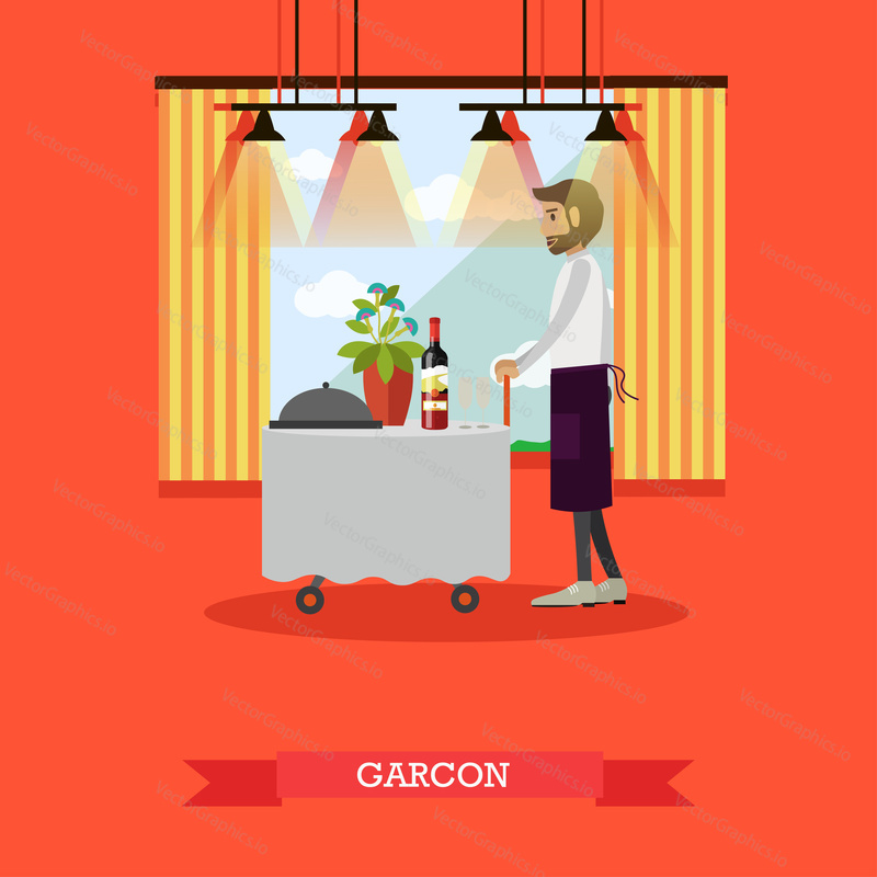 Vector illustration of waiter standing at table. Restaurant staff concept design element in flat style.