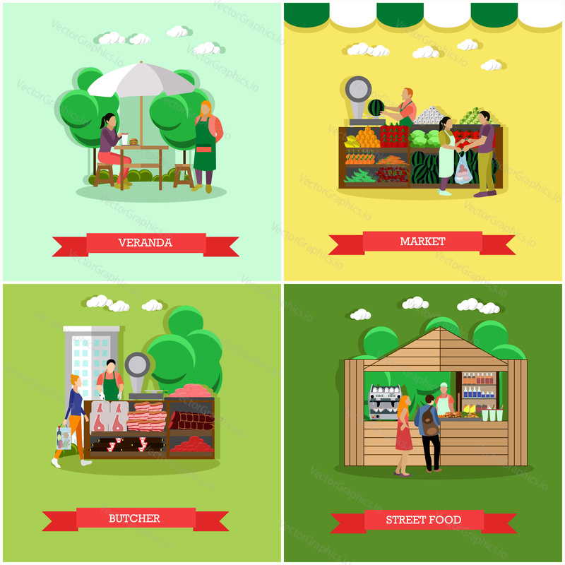 Vector set of shopping market posters, banners in flat style. Veranda, market, butcher, street food design elements in flat style. People selling and buying food.