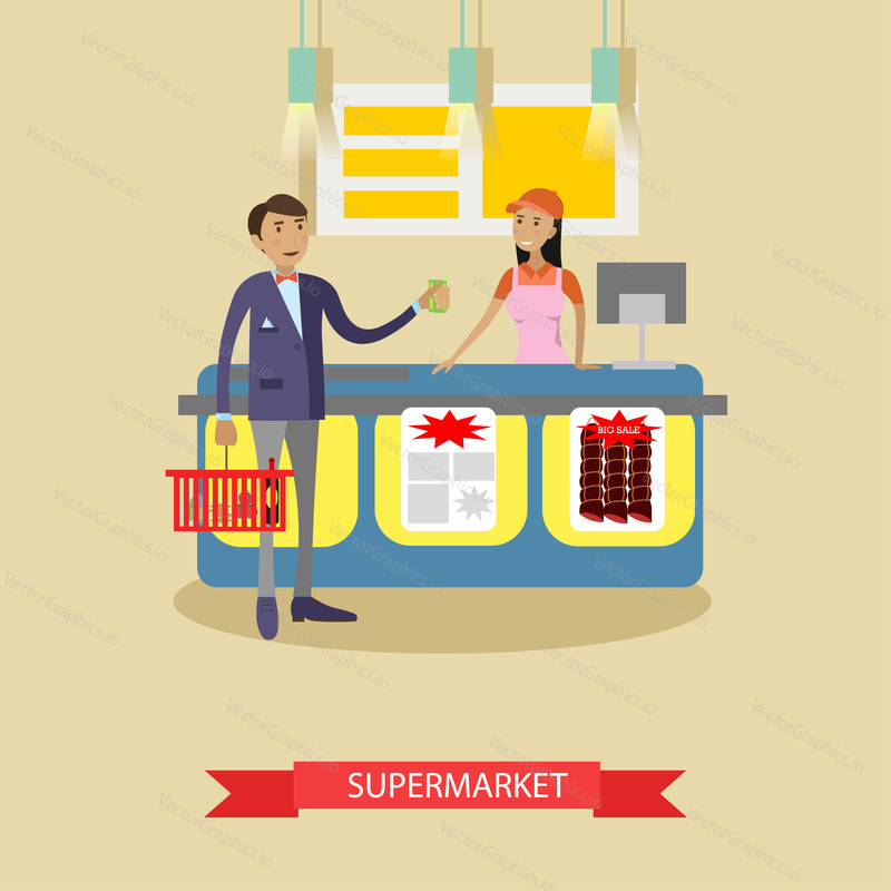 Supermarket vector poster in flat style. Customers buy products in food store. People shopping. Cart with grocery products.
