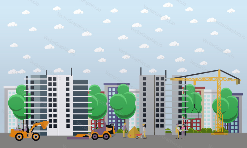 Residential construction concept vector illustration. Construction workers and machines. Building site. Flat style design.
