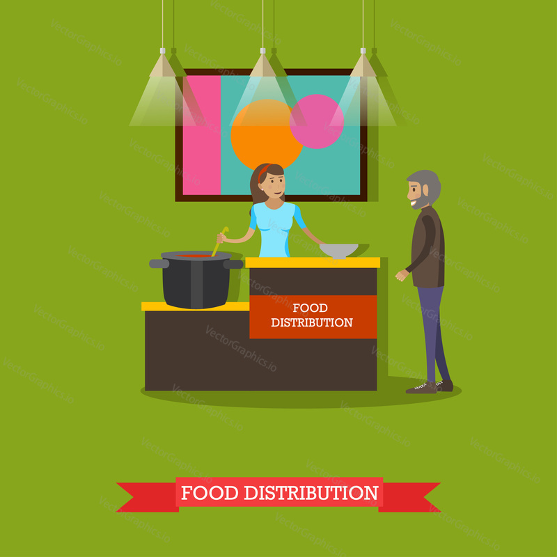 Vector illustration of volunteer young woman helping elderly man with food. Voluntary organizations services concept design element in flat style.